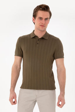 Erkek Slim Fit Polo Yaka Haki Triko Ti__rt