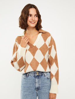 Polo Yaka Baklava Desenli Kad?n Triko Kazak