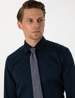 Lacivert %100 Pamuk Parlak Saten Slim Fit Uzun Kollu Basic G_mlek
