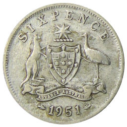 Монета 6 пенсов 1951 года Австралия