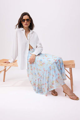 Ac?k Mavi Tul Cicek Bask?l? Buzgu/Drape Detayl? Esnek Etek TWOSS25ET00064