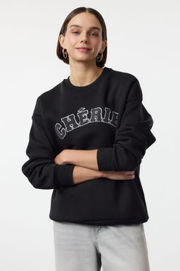 TRENDYOLMILLA Bordo Kal?n Ici Polarl? Oversize/Rahat Kesim Slogan Nak?sl? Orme Sweatshirt TWOAW25SW00030