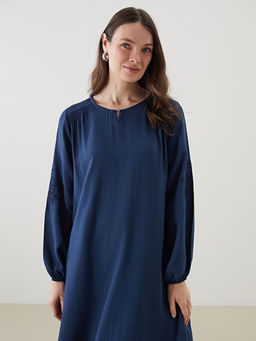 Bisiklet Yaka Nak??l? Keten G?r?n?ml? Elbise