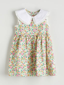 Keten Kar???ml? ?i?ekli K?z ?ocuk Elbise