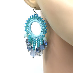 Серьги ручной работы с цирконами в оплетении цв.аквамарин