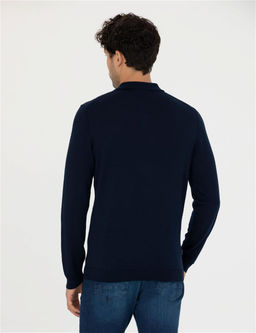 Lacivert Regular Fit Polo Yaka Y_n Kar___ml_ Basic Triko Kazak