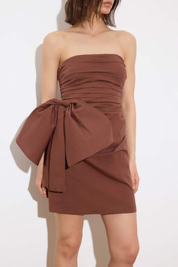 Limited Edition Kahverengi Drape Detayl? Poplin Dokuma K?sa / Mini Elbise TPRSS26EL00105 - Trendyolmilla фото 3
