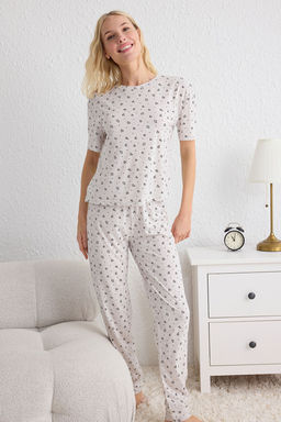 Trendyolmilla Bej Kalp Desenli Orme Pijama Tak?m? THMSS25PT00148  фото 7