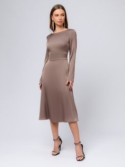 Платье цвета мокко длины миди с длинными рукавами и цепочками на спине - 1001dress фото 2