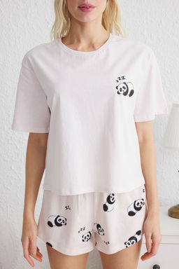 Trendyolmilla Mavi %100 Pamuklu Panda Desenli Sortlu Orme Pijama Tak?m? THMSS25PT00166 фото 4