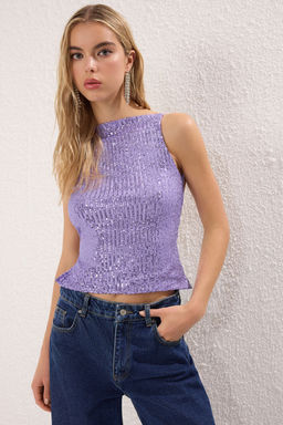 Trendyolmilla Siyah S?rt Detayl? Par?lt?l? Payet Orme Bluz TPRSS25BZ00036  фото 7