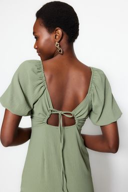 Haki Vucuda Oturan Y?rtmacl? S?rt Detayl? Midi Dokuma Dokuma Elbise TWOSS23EL01164 - Trendyolmilla фото 3