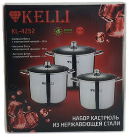 Набор посуды нерж. "Kelli" 3 пр со стекл. крышками, арт. KL-4252