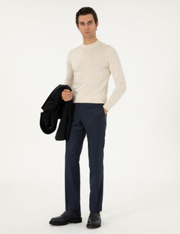 Bej Slim Fit Y_n Kar___ml_ _eyrek Bal_k__ Yaka Basic Triko Kazak