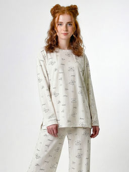 Пижама из велюра с принтом мишки с резинкой в комплекте OD-1009-3 молочный