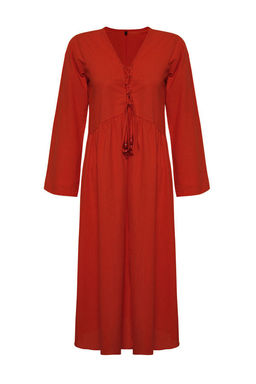 K?rm?z? Dokuma Buzgulu %100 Pamuk Maxi Plaj Elbise TBESS25EL00015 - Trendyolmilla фото 6