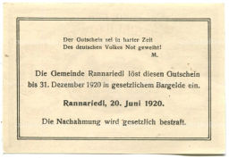 50 геллеров 1920 года Австрия Раннариедль (нотгельд)