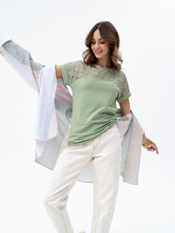 ВИДЕООБЗОР .Футболка с кружевом .арт.180-13,оливковая - Binita фото 3