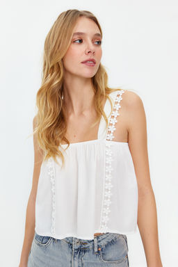 Ekru Dantel Detayl? Crinkle Dokuma Bluz TWOSS24BZ00024