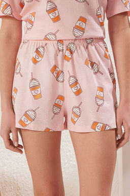 Pembe %100 Pamuklu Eglence Bask?l? Sortlu Orme Pijama Tak?m? THMSS25PT00176