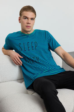 TRENDYOL MAN Saks Cizgili Regular Fit Orme %100 Pamuklu Pijama Tak?m? TMNAW25PT00020 - Trendyolmilla фото 2