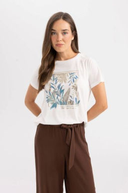 Bisiklet Yaka Bask?l? K?sa Kollu Tisort