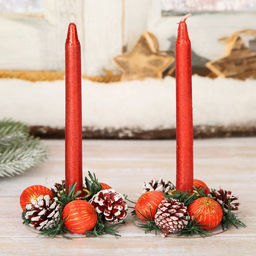 Свеча новогодняя с подсвечником «Красные шары и шишки», набор 4 шт., 4×13.5×17 см, красная