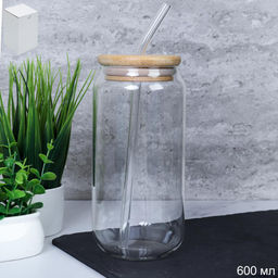 Банка для смузи с трубочкой бамбуковая крышка 600 мл / LCWB10211 /уп 90/*Ц