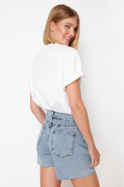 Ac?k Mavi Pileli Yuksek Bel Denim Sort TWOSS24SR00192 - Trendyolmilla фото 3