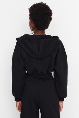 Siyah Kal?n Ici Polarl? Kapusonlu V Yaka Rahat Kesim Crop Orme Sweatshirt TWOAW23SW00096