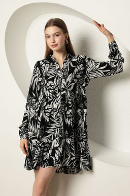 Siyah Cicekli Mini Dokuma Elbise TWOAW25EL00585