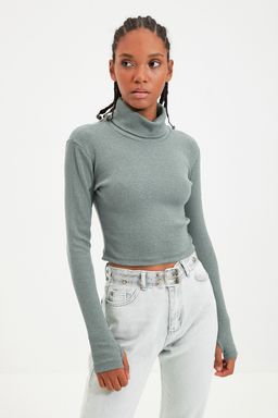 Koyu Mint Fitted/Vucuda Oturan Bal?kc? Yaka Parmak Detayl? Fitilli Esnek Orme Bluz TWOAW21BZ0071
