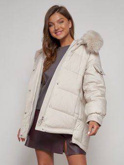 Куртка зимняя женская модная с мехом бежевого цвета 13301B - Visdeer фото 21