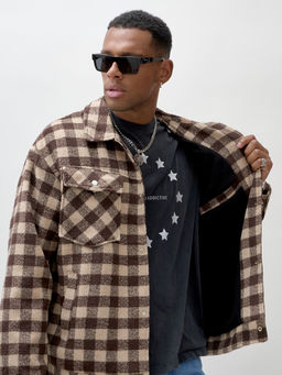 Куртка рубашка шерстяная в клетку мужская демисезонная коричневого цвета 58566K