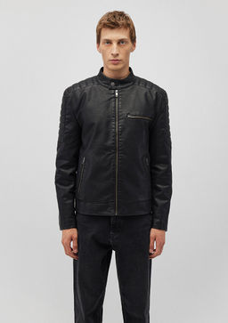 Siyah Suni Deri Ceket - Mavi фото 3