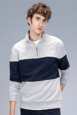 Comfort Regular Fit Rahat Kal?p Dik Yaka Fermuarl? Cizgili Kal?n Sweatshirt
