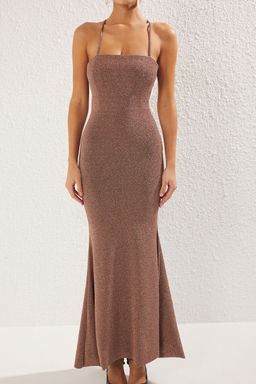 TRENDYOLMILLA Bronz Vucuda Oturan Simli Orme Uzun S?k Abiye Elbise TPRSS25AE00078 фото 3