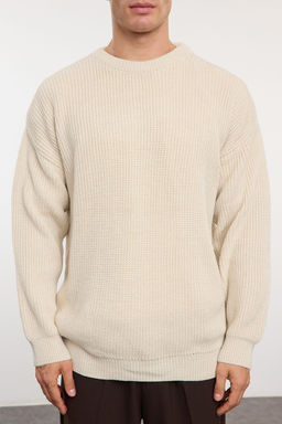 Bej Oversize Fit Couple/Cift Genis Kal?p Bisiklet Yaka Basic Triko Kazak TMNAW23KZ00189