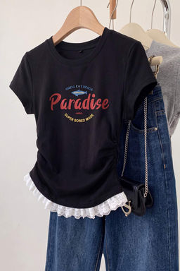Siyah Slogan Fitted Dik Yaka Standart Kol K_sa Crop Yumu_ak _rme T-Shirt TWOSS26TS00355