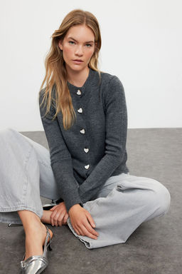 Antrasit Yumusak Dokulu Mucevher Dugmeli Ceket Gorunumlu Triko H?rka TWOAW22HI0044