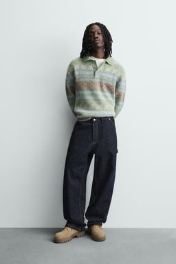 GEOMETRIC TEXTURED JACQUARD KNIT POLO SHIRT