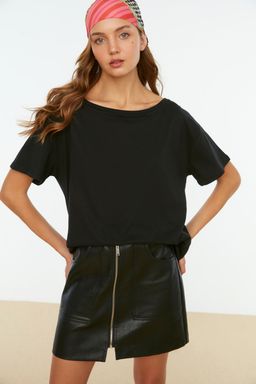 Siyah %100 Pamuk Oversize/Genis Kal?p Kay?k Yaka Orme T-Shirt TWOSS20TS0140