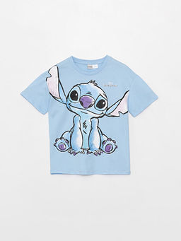 Bisiklet Yaka Lilo ve Stitch Bask?l? K?sa Kollu K?z ?ocuk Ti??rt
