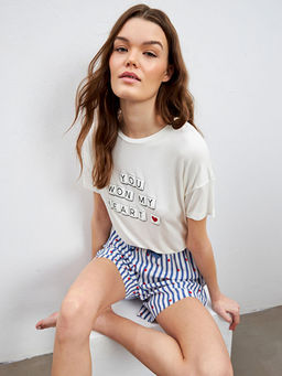 Bisiklet Yaka Bask?l? Kad?n ?ortlu Pijama Tak?m?