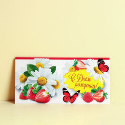 Цена за 10 шт. Конверт для денег С Днём рождения! клубника, 16.5 8 см