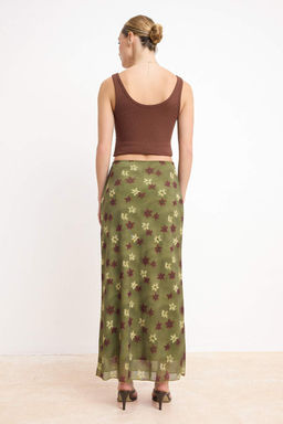 Haki Soyut Desenli Tul Dantel detayl? Esnek Etek TWOSS25ET00153Etek TWOSS25ET00153