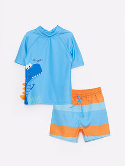 K?sa Kollu Bask?l? Erkek Bebek Y?zme ?st ve ?ort 2li Tak?m