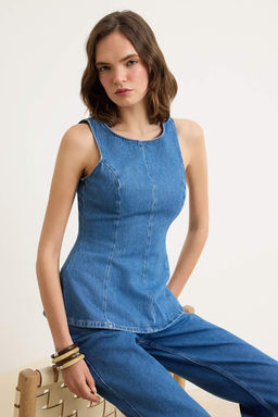 Mavi Ask_l_ Peplum %100 Pamuk Denim Bluz TWOSS26BZ00196