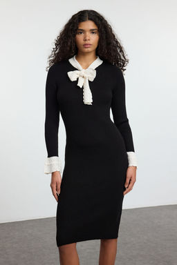 TRENDYOLMILLA Siyah Regular Yakas? Baglama Detayl? Triko Elbise TWOAW25EL00593  фото 3