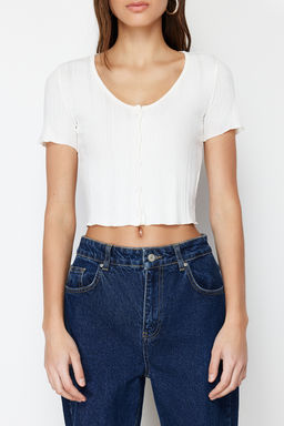 Ekru Patl? Crop Havuz Yaka Fitilli Esnek Orme Bluz TWOSS24BZ00364